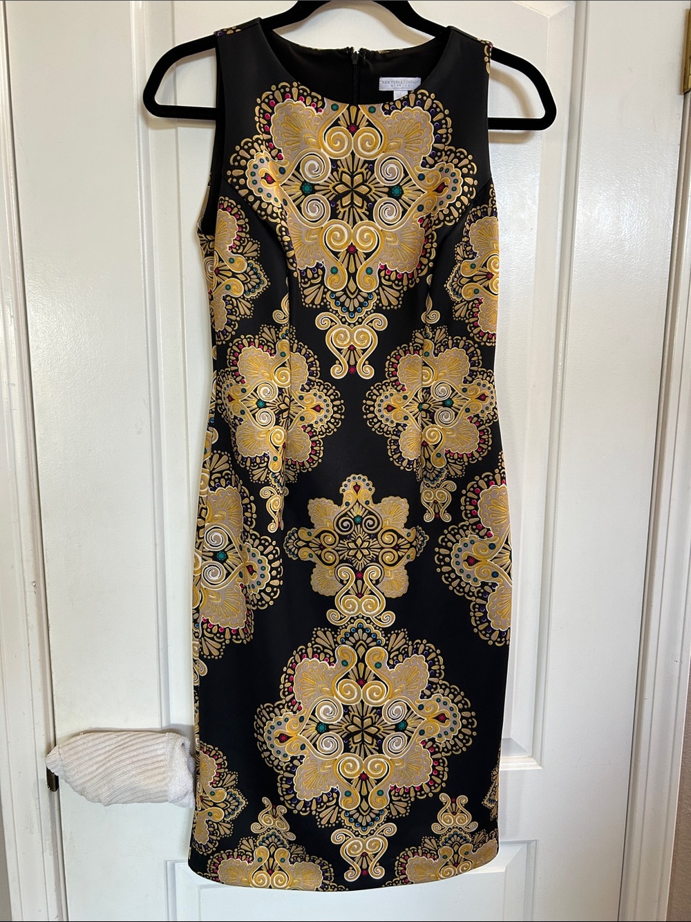 New York & Company Black Midi Dress with Gold Medallion Print